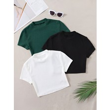 Öz Pamuk Kadın 3 Lü Adet Fitilli %100 Pamuklu Bisiklet Yaka Örme Kaşkorse Crop T-Shirt