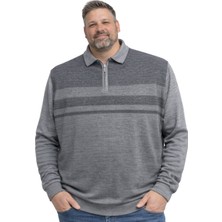 Battal Moda Erkek Büyük Beden Gri Polo Yaka Çizgili Fermuarlı Triko Kazak 3xl-4xl-5xl-6xl