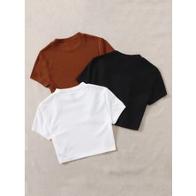 Öz Pamuk Kadın 3 Lü Adet Fitilli %100 Pamuklu Bisiklet Yaka Örme Kaşkorse Crop T-Shirt