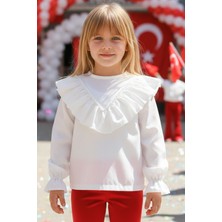 Parla Kids Kız Çocuk Ekru V Fırfırlı Uzun Kollu Bluz Gömlek Body 23 Nisan Gösteri Kıyafeti