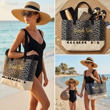 Mucize Kadın Leopar Desenli "Beach Time" Gold Nakışlı Plaj Çantası Çanta - Püsküllü Kanvas Yazlık Omuz Çantası