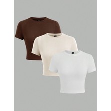 Öz Pamuk Kadın 3 Lü Adet Fitilli %100 Pamuklu Bisiklet Yaka Örme Kaşkorse Crop T-Shirt