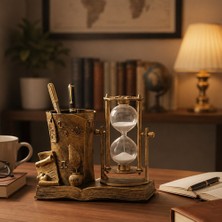 Hediyesahibi Kişiye Özel Vintage Bronz Renk Kitap Tasarımlı Kum Saati ve Kalemlik Dekoratif Masaüstü Organizer
