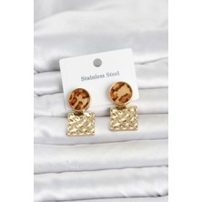 316L Çelik Gold Renk Leopar Desenli Plaka Model Kadın Küpe