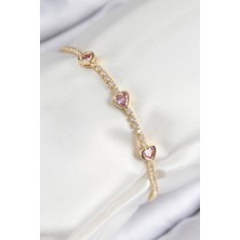Pirinç Zirkon Taşlı Pembe Kalp Model Gold Renk Kadın Bileklik