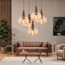 Apliqa Vinta 5'li Yuvarlak Eskitme Ahşap Detaylı Bohem Salon Sarkıt Avize