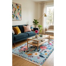 Hfs Home Dekorasyon Flowers Mavi Yeşil Çok Renkli Bohem Çiçek Desenli Şönil Ev Oturma Odası Salon Yatak Odası Halısı Yolluk