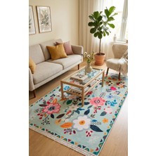 Hfs Home Dekorasyon Flowers Mavi Yeşil Çok Renkli Bohem Çiçek Desenli Şönil Ev Oturma Odası Salon Yatak Odası Halısı Yolluk