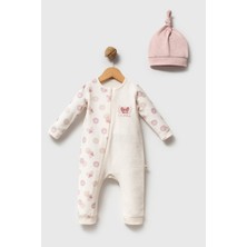 H HONEY BABY %100 Organik Pamuk Sevimli Kelebek Nakışlı %100 Pamuk Fermuarlı Kız Bebek Tulum (0-3/3-6/6-9 Ay)