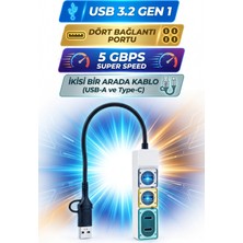 CoverZone USB 3.2 Gen 1 Hub, 2 Usb-A ve 2 Usb-C Portlu Çoklayıcı, 5 Gbps Super Speed Veri Aktarımı, Usb-A ve Type-C 2’si 1 Arada Kablo, Windows Mac Android Pad Uyumlu | TU-5G01