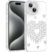 Ceponya iPhone 14 Kılıf Damla Taşlı Kalp Desenli Rivas Sert Pc Kapak