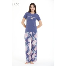 Lilac Çiçek Desenli %100 Viscon Pijama Takım