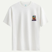 Oversize %100 Pamuk Erkek Sushi Roll Baskılı Tişört - Beyaz