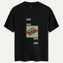 Oversize %100 Pamuk Erkek Sushi Baskılı Tişört - Siyah