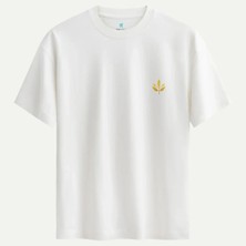 Oversize %100 Pamuk Erkek Golden Leaf Baskılı Tişört - Beyaz