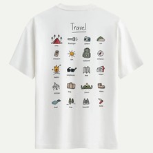 Oversize %100 Pamuk Erkek Travel Sırt Baskılı Tişört - Beyaz