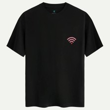 Oversize %100 Pamuk Erkek Wifi Hearth Baskılı Tişört - Siyah