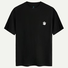Oversize %100 Pamuk Erkek Tiny Penguin Baskılı Tişört - Siyah
