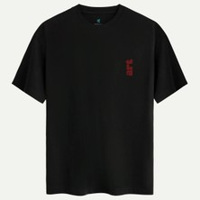 Oversize %100 Pamuk Erkek Art Baskılı Tişört - Siyah