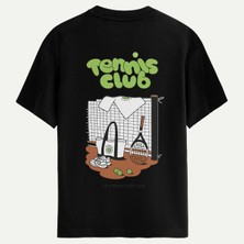 Oversize %100 Pamuk Erkek Tennis Club Sırt Baskılı Tişört - Siyah