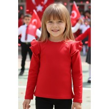Parla Kids Kız Çocuk Kırmızı Omuz Fırfırlı Bisiklet Yaka Body Sweatshirt 23 Nisan Gösteri Kıyafeti