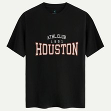 Oversize %100 Pamuk Erkek Houston Club Baskılı Tişört - Siyah