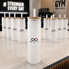 BK Gift Logonuza Özel 10 Adet Plastik Pipetli Bambu Kapaklı 500 ml Cam Suluk - Beyaz