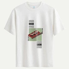 Oversize %100 Pamuk Erkek Sushi Baskılı Tişört - Beyaz