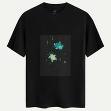 Oversize %100 Pamuk Erkek Turtle Space Baskılı Tişört - Siyah
