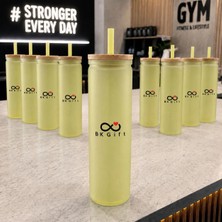 BK Gift Logonuza Özel 10 Adet Plastik Pipetli Bambu Kapaklı 500 ml Cam Suluk - Sarı