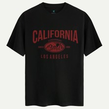 Oversize %100 Pamuk Erkek California Baskılı Tişört - Siyah