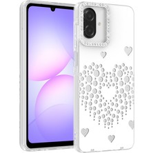 Ceponya Galaxy A07 Kılıf Damla Taşlı Kalp Desenli Rivas Sert Pc Kapak
