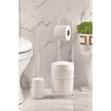 Alvera Metal Standlı Yuvarlak Kovalı & Kağıtlıklı & Fırçalıklı Beyaz Banyo Takımı