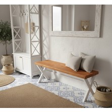 Raweyn Andora Masif Ahşap Mutfak Yemek Masası Bank Bench Beyaz Metal Ayak 80 cm