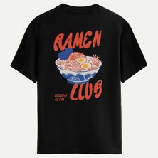 Oversize %100 Pamuk Erkek Ramen Club Sırt Baskılı Tişört - Siyah