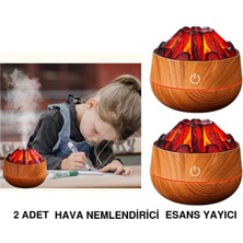 Bosphorus 2 Adet  Şömine  Tasarımlı USB Lı LED Aydınlatmalı Hava Nemlendirici,aromaterapik Hava Difüzörü,buhurdanlık,,sis Spreyli Gece Lambası, 300 ml 10X10X10,3CM Açık Kahverengi