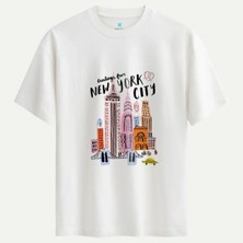 Oversize %100 Pamuk Erkek New York City Baskılı Tişört - Beyaz