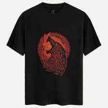 Oversize %100 Pamuk Erkek Fire Wolf Baskılı Tişört - Siyah