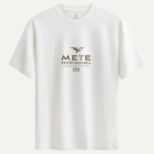 Oversize %100 Pamuk Erkek Mete Han 209 Baskılı Tişört - Beyaz