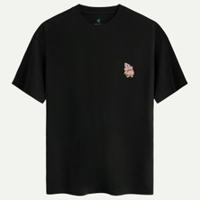 Oversize %100 Pamuk Erkek Patric Spongebob 3 Baskılı Tişört - Siyah