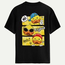Oversize %100 Pamuk Erkek Tiddy Duck Arka Baskı Baskılı Tişört - Siyah