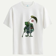 Oversize %100 Pamuk Erkek Zen Frog Baskılı Tişört - Beyaz