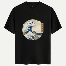 Oversize %100 Pamuk Erkek Snack Monster Baskılı Tişört - Siyah