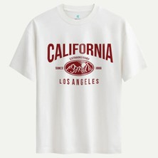Oversize %100 Pamuk Erkek California Baskılı Tişört - Beyaz