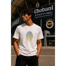 Oversize %100 Pamuk Erkek Yellow Navy Finger Print Baskılı Tişört - Beyaz