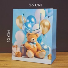 Hace Bazaar Ayıcık Desenli Mavi Büyük Boy Karton Hediye Çantası