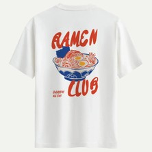 Oversize %100 Pamuk Erkek Ramen Club Sırt Baskılı Tişört - Beyaz