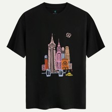 Oversize %100 Pamuk Erkek New York City Baskılı Tişört - Siyah