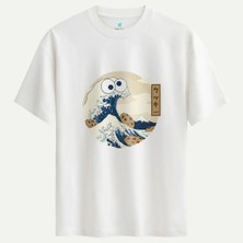 Oversize %100 Pamuk Erkek Snack Monster Baskılı Tişört - Beyaz