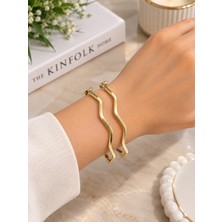 Stainless Steel Gold Renk Dalgalı Ajda Bilezik 2 Li